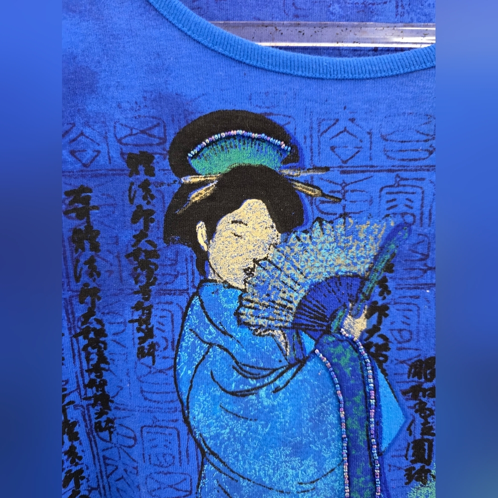 NWT Chicos Designs Blue Asian Pattern L Sleeve Pull Over CottonShirt. Ladies 16. - Picture 6 of 9